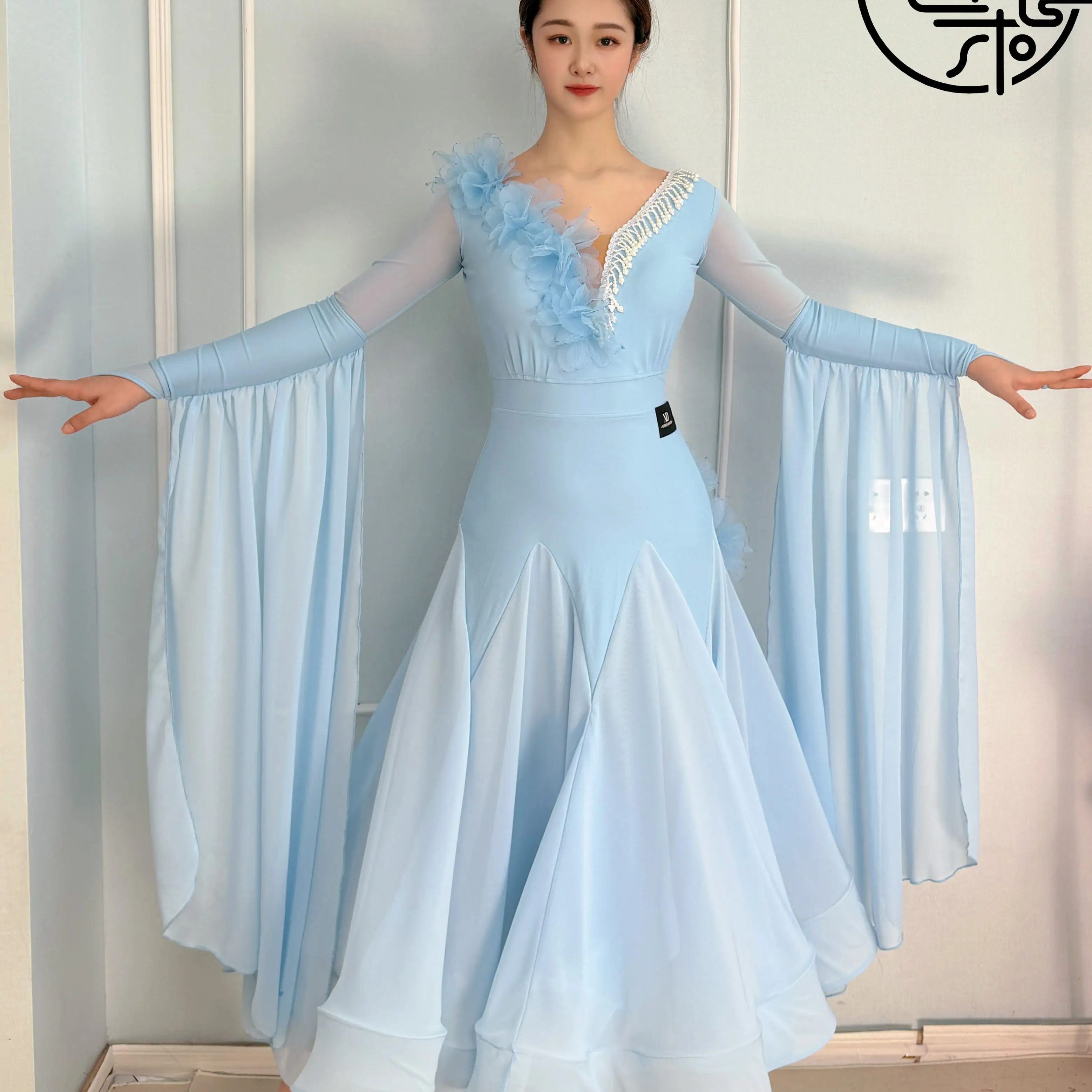 

New Waltz Dance Costume Ballroom Dance Performance Dress Fairy Flowers Sky Blue Red Long Dress Prom Party Dance Dress BL18365