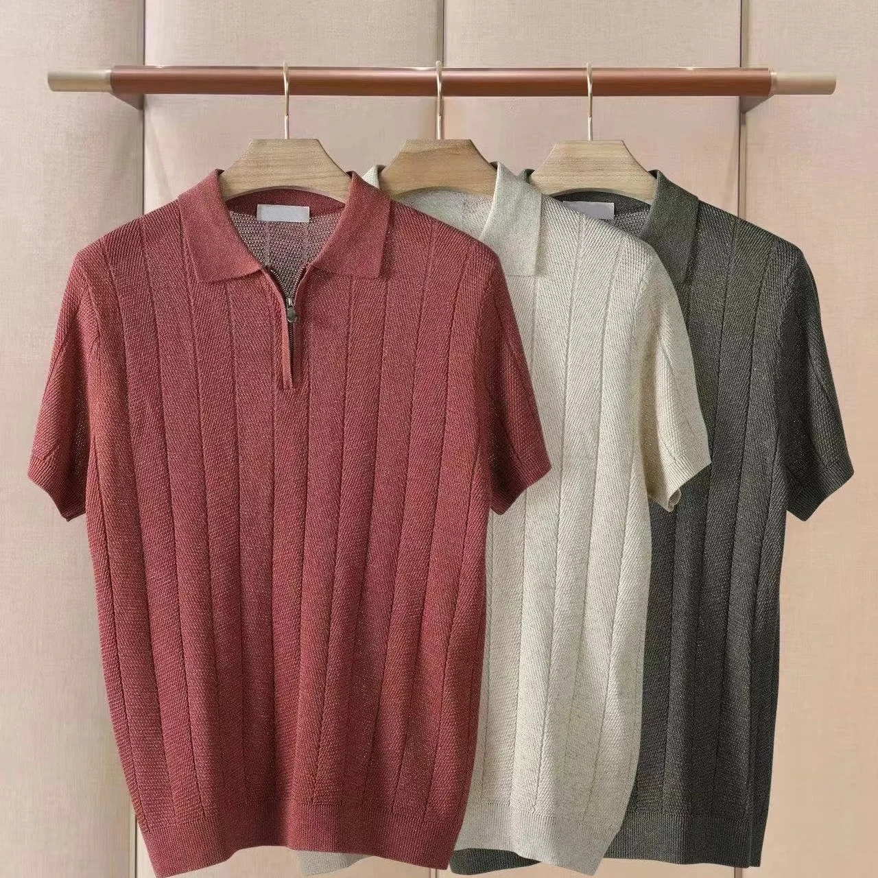 Italian BC Knitted Men's Business Breathable Lapel Half Zip POLO Shirt