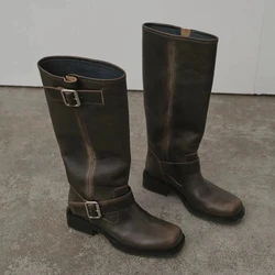 Women's High Boots 2025 New Retro Brown Western Cowhide Boots Gothic Square Toe Wide-leg Women's Long Boots