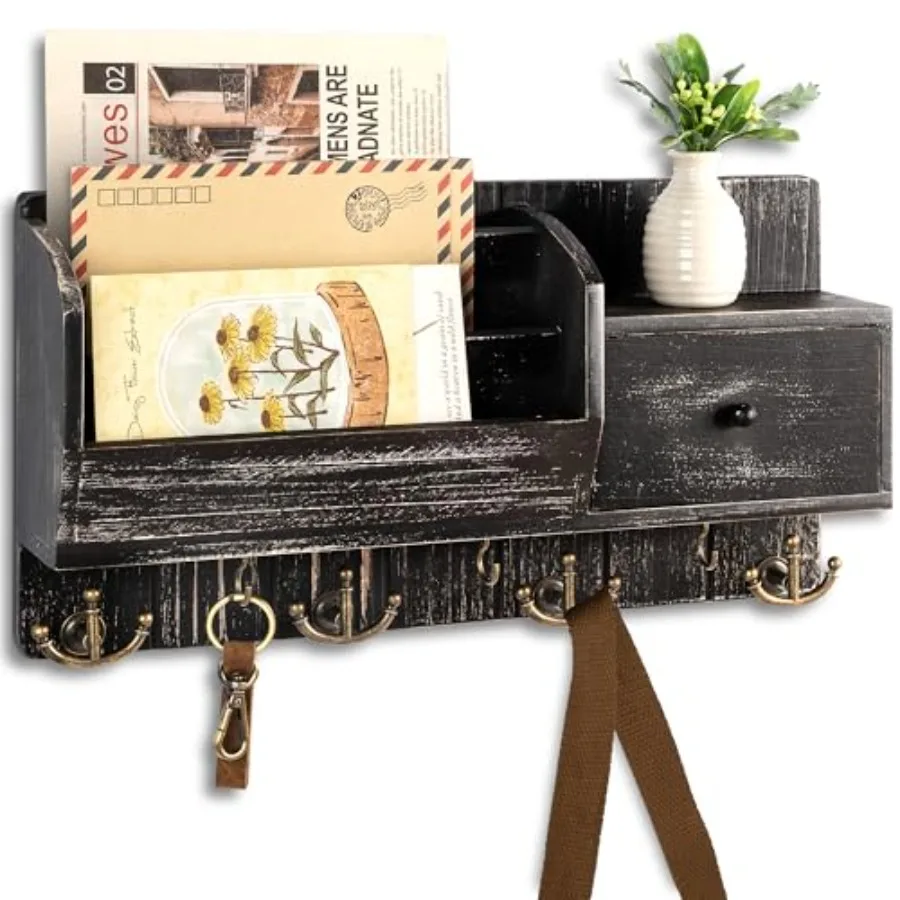 

Настенный органайзер для ключей и почты с ящиком и крючками для ключей, в деревенском стиле, для прихожей, офиса и кухни