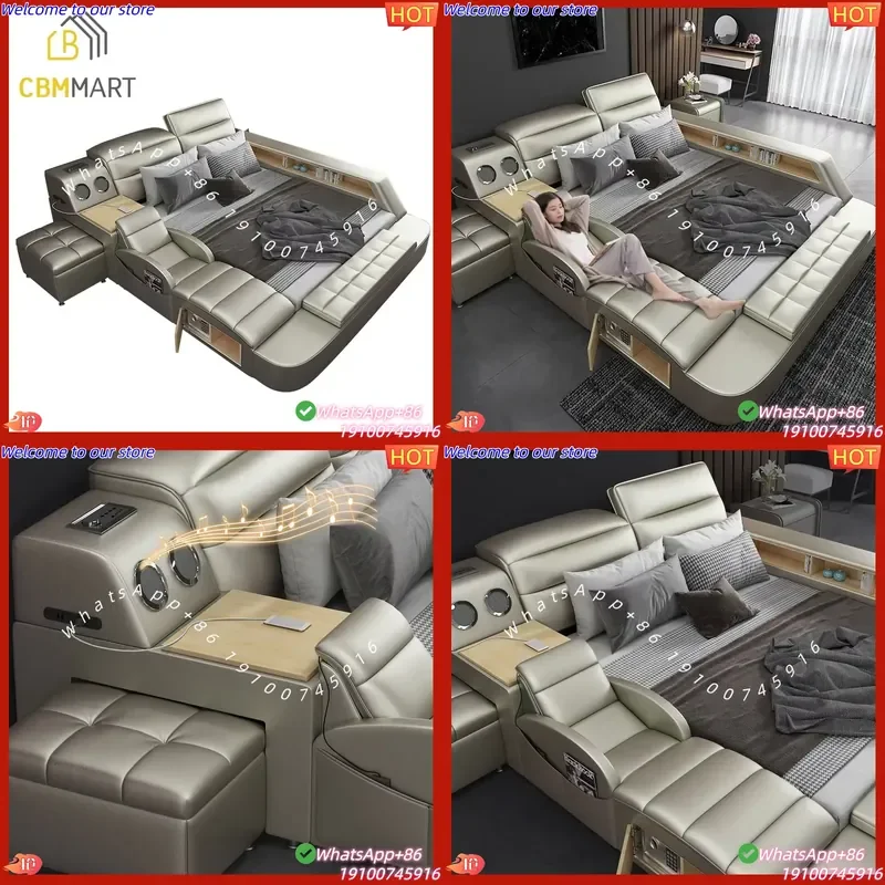 CE Certificate Modern Leather Bed with Storage Box Function Bedroom Furniture Set Multimedia Speaker USB Charger King Size