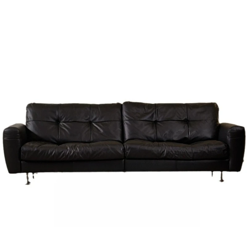 Sofa living room first layer cowhide retro style black leather small apartment two-person high-footed sofa