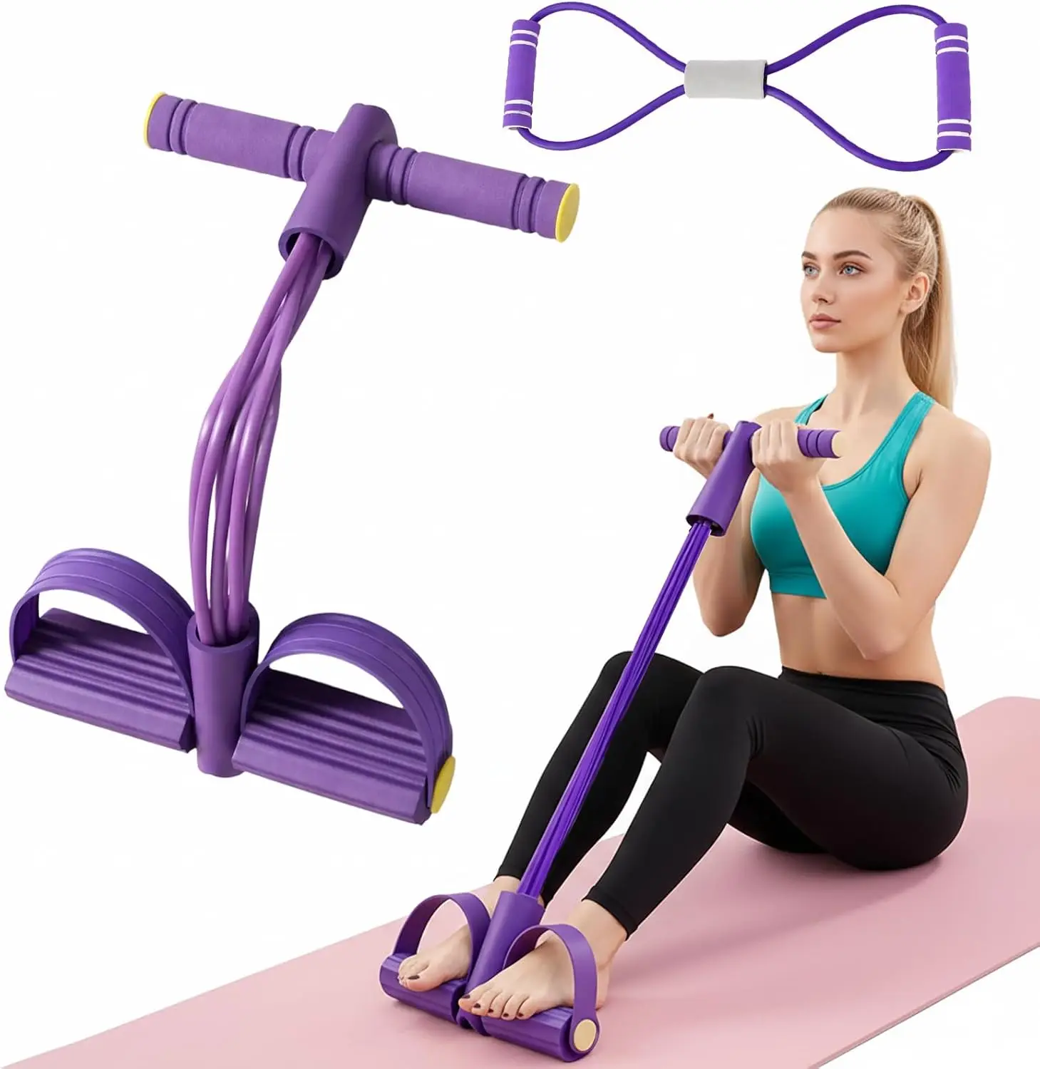 Petite Women's Fitness Set, 6 Tube Foot Pedal Resistance Bands with Handles, Comes With a Free 8-Shaped Tension Strap,Home Workout and Travel Fitness, Multifunction Foot Pedal Resistance Band for Assisted Sit-Ups and Strength Training
