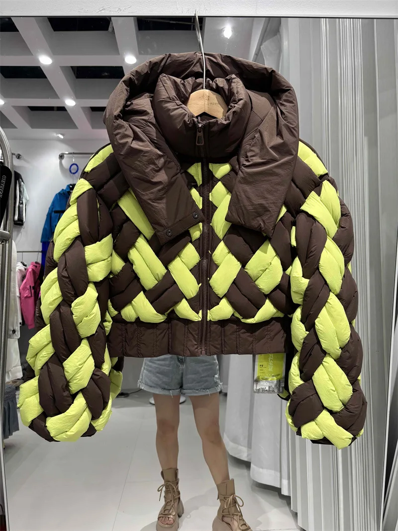 

Winter 90 White Duck Down Hooded Parker Outwear Women Zipper Loose Quilted Short Jacket New Female Patchwork Twists Down Jacket