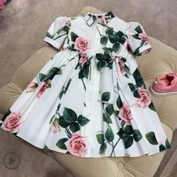 Baby girl summer vintage printed shiirt dress kids puff sleeve small fresh casual lapel dress a-line