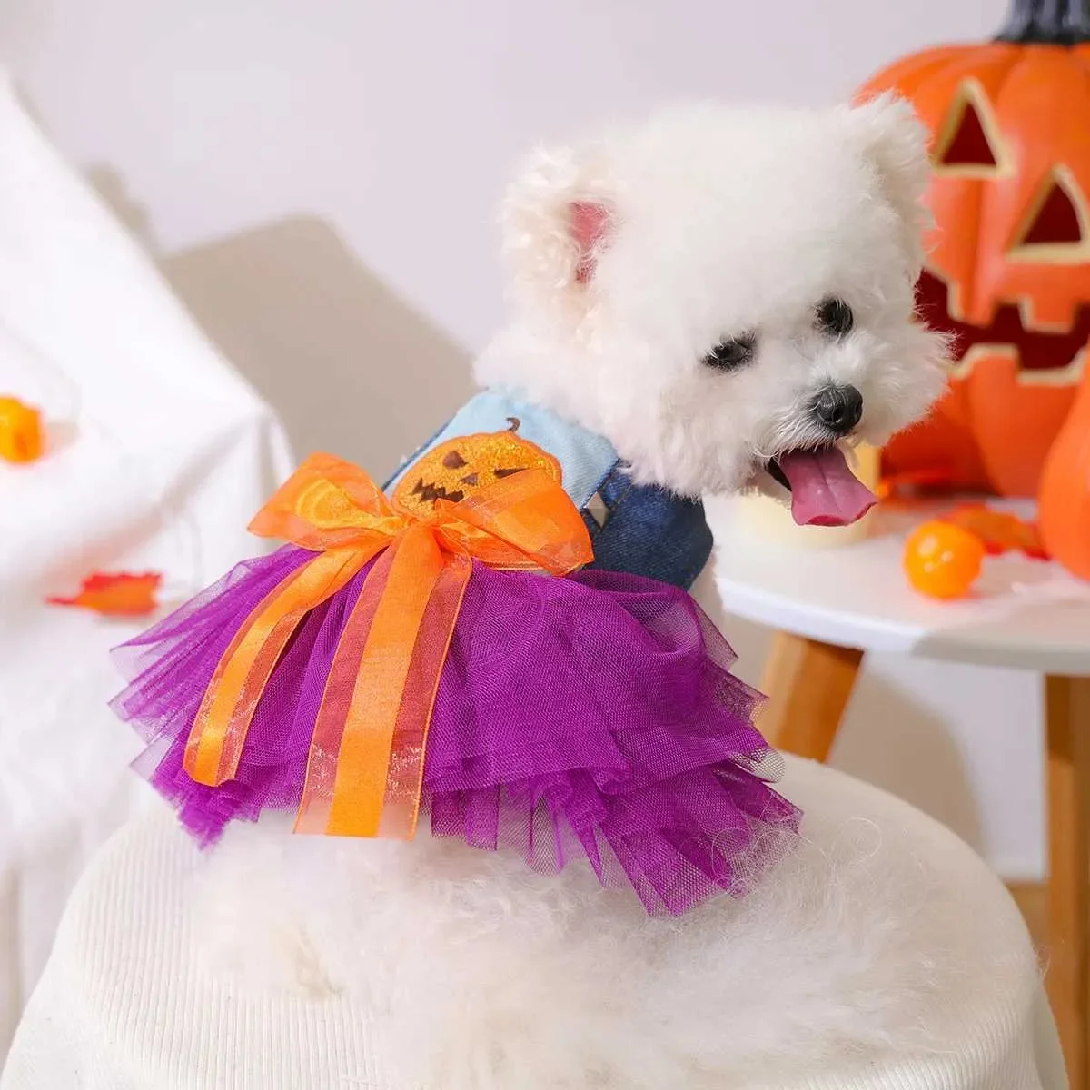 1PC Schrulliger Kürbisrock Haustierkleidung Hund Katze Herbst Halloween Orange Schleife Ärmelloses Hochzeitskleid