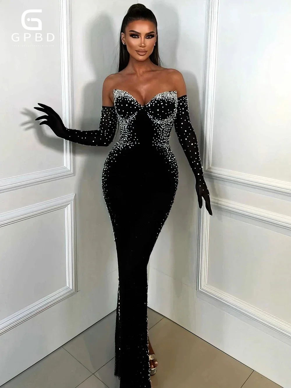 Bandage Dress with Gloves 2024 Women Celebrity Sexy Off the Shoulder Pearl Bead Long Bodycon Elegant Evening Party Gowns