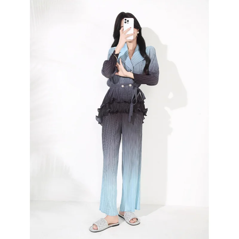 

Sunya.1Women's Fall Outfit Set – Pleated Gradient Notch Lapel Blazer & High-Waist Wide-Leg Pants[20252133]