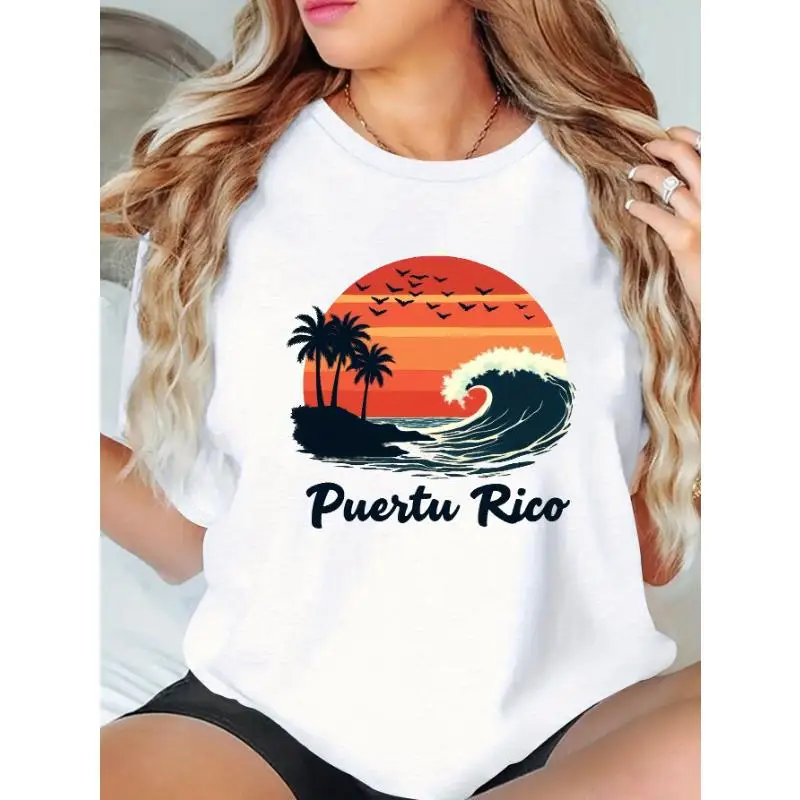 

"Puerto Rico T-Shirt for Women | Vintage Ocean Wave & Palm Tree Graphic Tee | Retro Summer Vacation Gift"