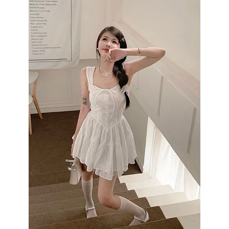 MEXZT Sweet White Mini Dress Women Fairy Party Prom Strap Ruffles One Pieces Dresses Korean Vacation Bodycon Ball Gown Vestidos