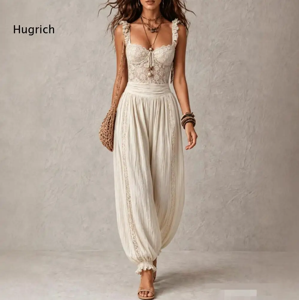 Lace Spliced Two Piece Set For Women Ruffle Strap Camisole And Elastic Waist Loose Harem Pants Bohemian Daily Wear