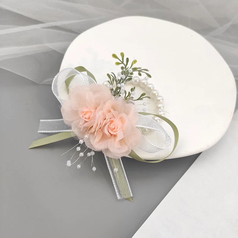 Corsage de Poignet en Satin Rose pour Demoiselle d'Honneur Fille, Boutonnière de ixde Bal, Bracelet de Perles, Fleurs à Main en Tissu, Accessoires de Mariage