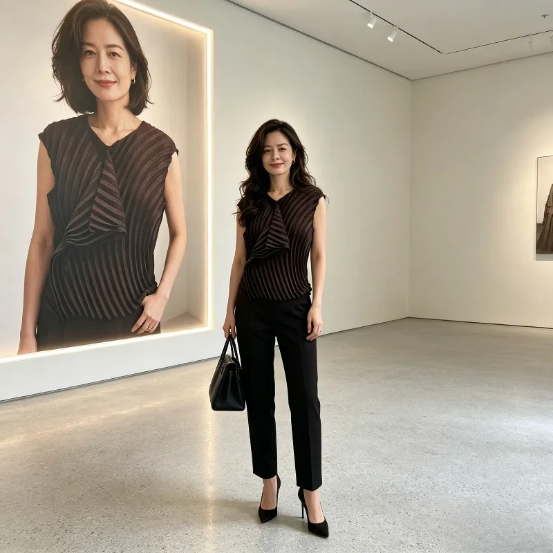 Miyake Pleated 2026 Solid Color Ring Pattern Vest for Women Loose Fit Commuter Style Pleated Clothing New Summer Versatile Top