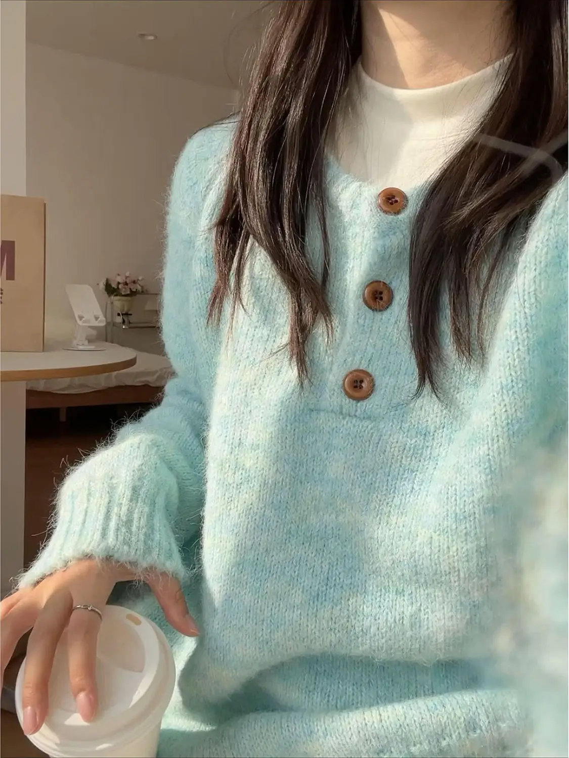 

Soft Cozy Blue round Ne Sweater Women's Autumn Winter Inner Wear Outerwear Knitted irt Gentle Gentlewoman Sle Faion