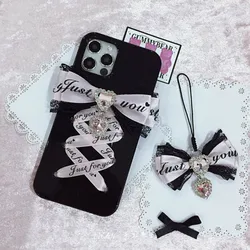 Handmade Lace Bow Tie Rhinestone Phone Case For iPhone 16 Pro Max 12 13Pro X XS XR Galaxy Harajuku Y2k Dark Black with Pendant