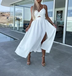 White Split Long Dress Women Vintage Summer High Waist Hollow Out Slit Elegant Sleeveless Party Club Maxi Prom Maxi Vestidos