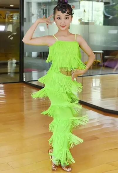 Latin Dance Dresses Ballroom Fringe Tassel Dress Pants Sequin Fringe Salsa Samba Costume Kids Children Girls Height 110 -170cm