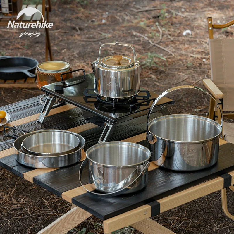 

Naturehike 3-In-1 Stainless Steel Pot Set Camping Frying Stewing Pot Ultralight Portable 1.3kg Glamping 4-Piece Tableware Set