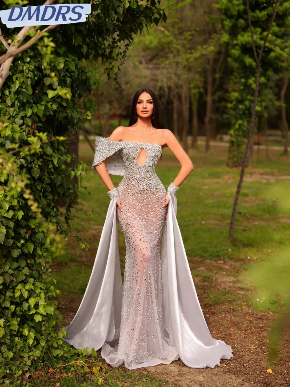 

Gorgeous Silver Crystal One Shoulder Evening Dress Illusion Mermaid Long Wedding Party Gown Customized Sparkly Prom Dresses
