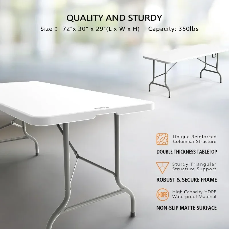 HOME.8ft Folding Table Portable Long White Table for Indoor and Outdoor Use Rectangular with Carrying Handle