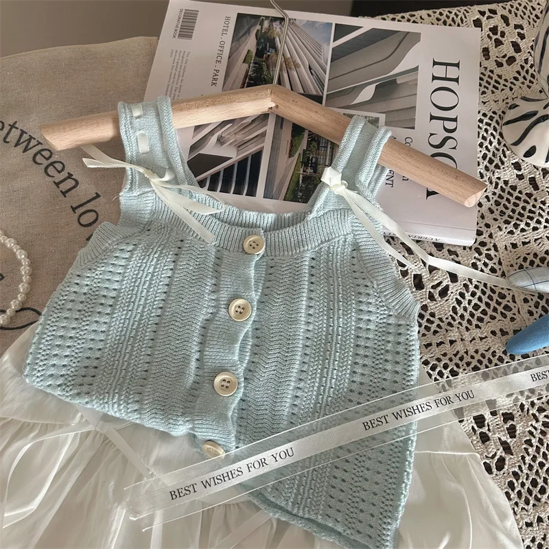 Korean Children Clothing 2024 New Summer Girls Hollowed Out Knitted Vest Strap Children Trendy Flower Bud Skirt Two-piece Set