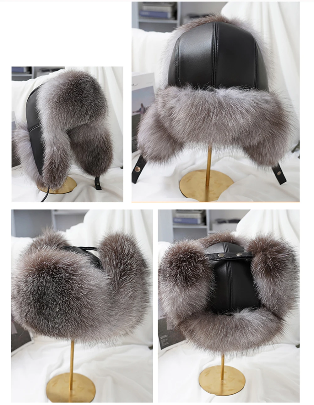 Winter Men\'s 100% Real Silver Fox Fur Aviator Bomber Hat Raccoon Fur Ushanka Cap Trapper Russian Man Ski Hats Caps Real Leather