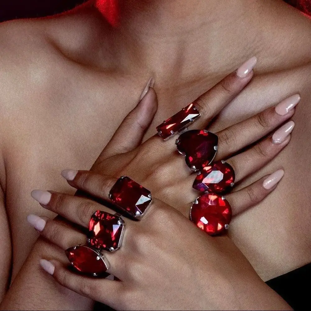 7PCS Square Shape Square Rhinestone Ring Rhinestone Crystal Large Size Adjustable Crystal Ring Exaggerated Giant Heart Shape