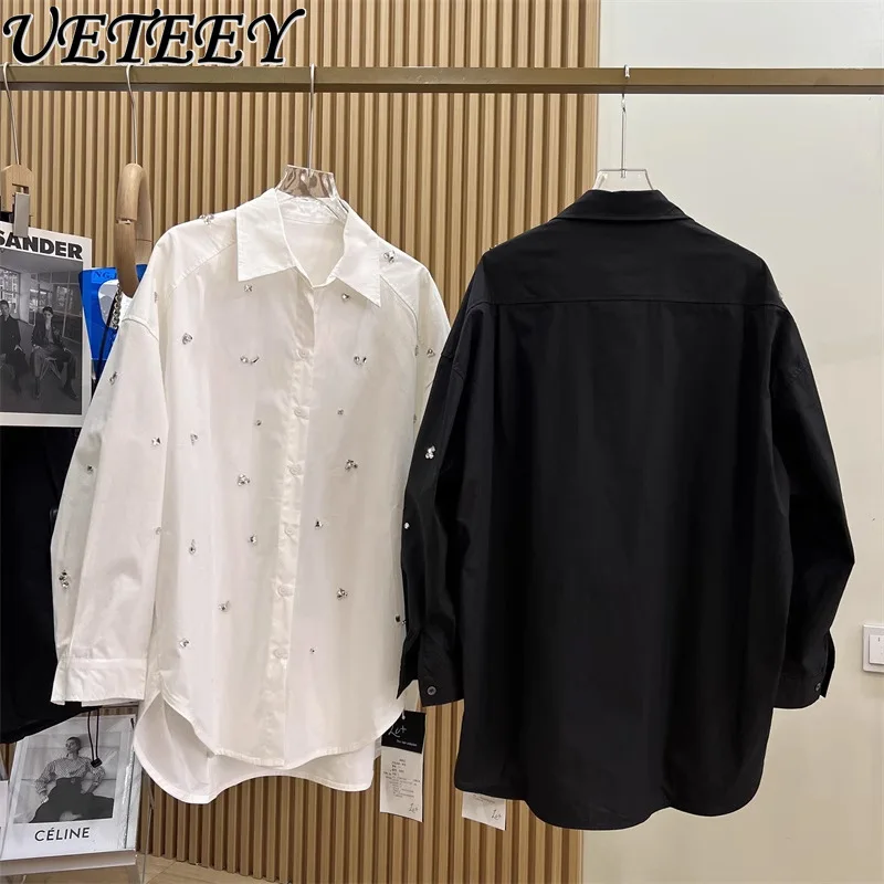 European Goods Light Luxury French Tops Heavy Industry Hand-Sewn Rhinestone Lapel Profile Long Sleeve Mid-Length Shirt for Women