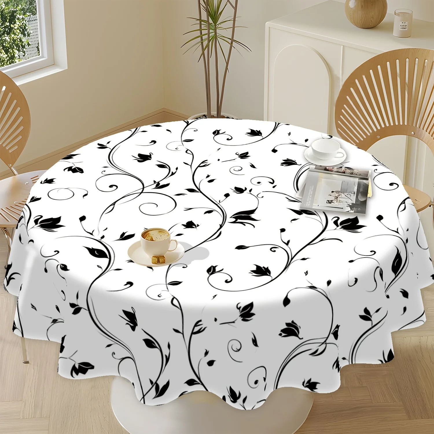 Pack of 1, black vine pattern tablecloth, suitable for dining tables, desks, kitchens, dining rooms, small gatherings
