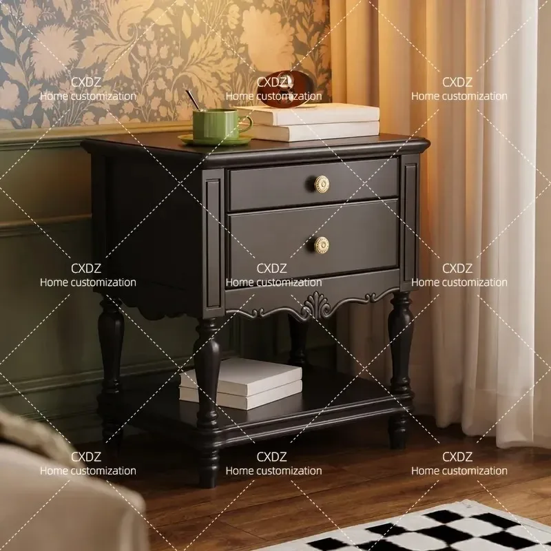 French Retro Solid Wood Bedside Table Small Storage Cabinet Black Locker for Bedroom Household Nightstand