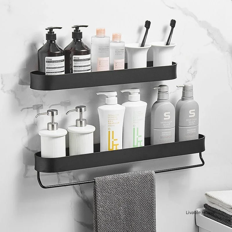 Bathroom Shelf Rack Wall Mounted Shelves Bath Towel Holder shampoo Rack Black Shower Storage Basket Bathroom Accessories Shelves