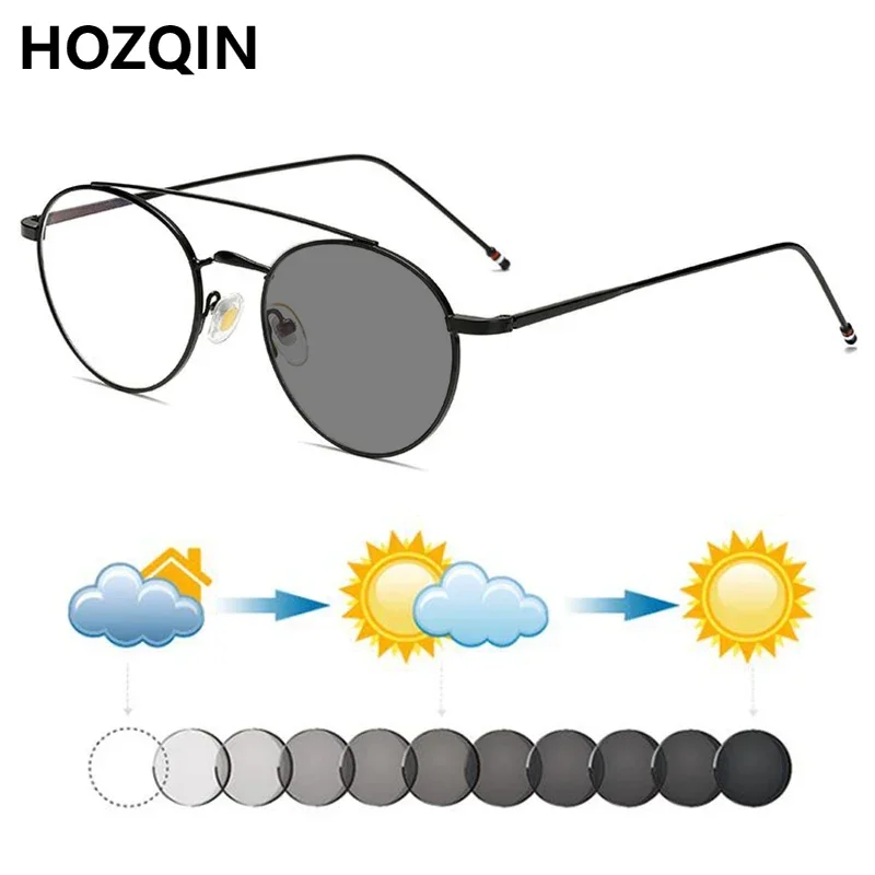 New Fashion Women Retro Literary Round Alloy Double Bridge Photochromic Reading Sunglasses Men Hyperopia Glasses Driving Travel