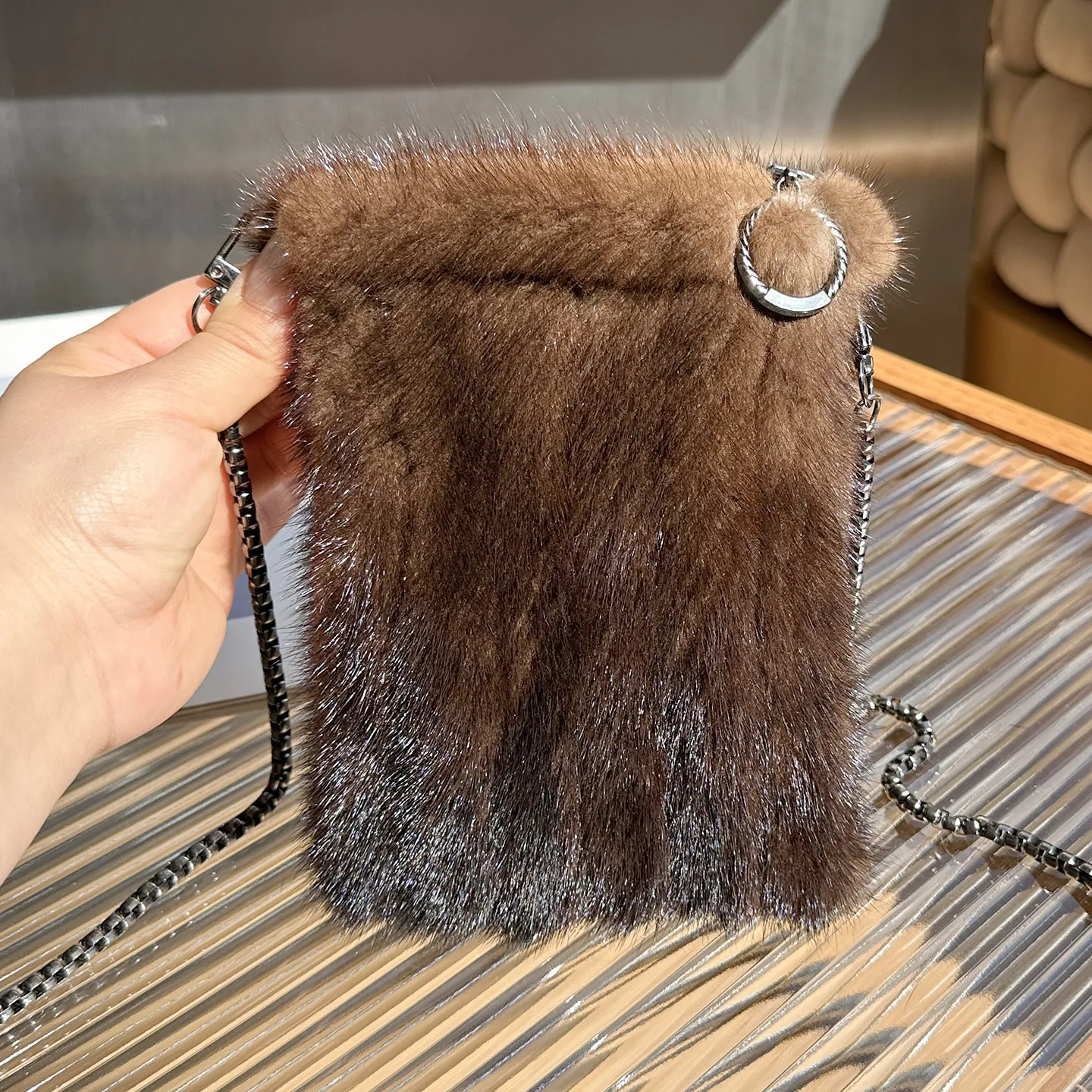 Women Plush Phone Bag Real Mink Fur Square Bag Coin Purse Strap Shoulder Bag Small Crossbody Bags For Women Wallet Card Holder