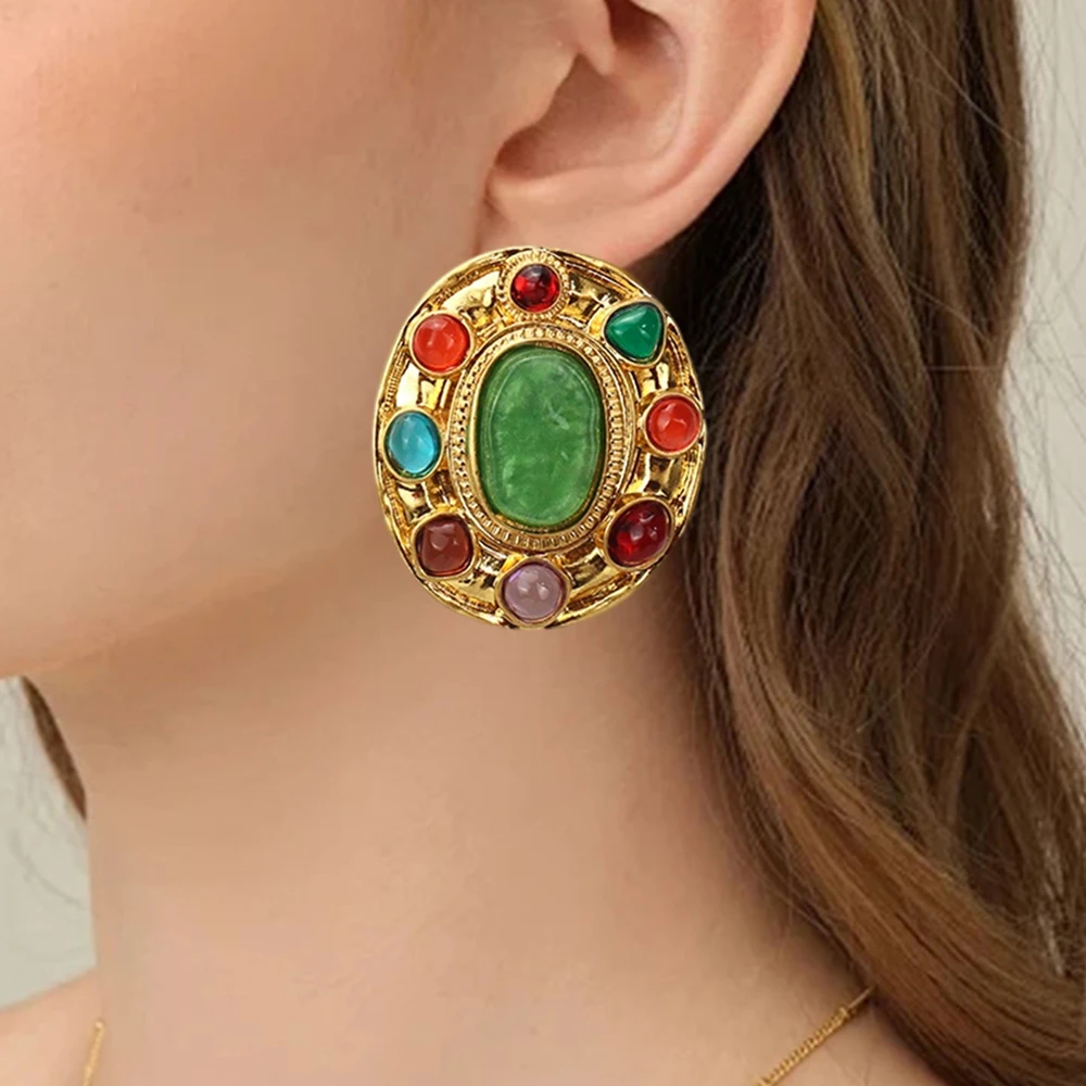 Medieval RetroGreen Colorful Stone Elliptic Gold-plated Earring Vintage Fashion Moroccan Jewelry For Women Gift Anniversary