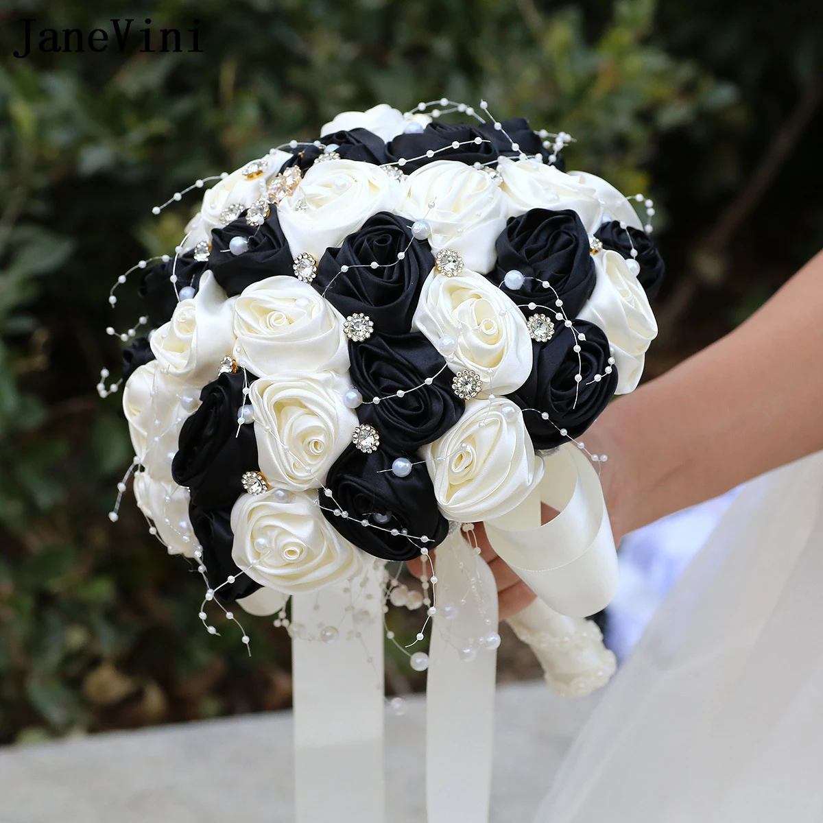 JaneVini 2024 Elegant Black Ivory Ribbon Flowers Bridal Bouquets Artificial Satin Roses Pearls Wedding Brooch Bouquet Customized