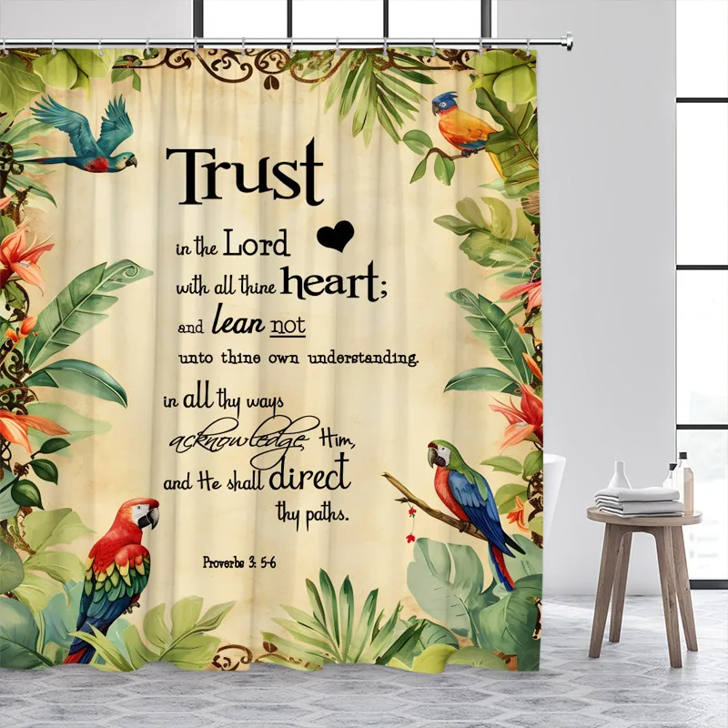 Tropical Leaves Parrot Shower Curtain Palm Leaf Monstera Flower Trust in the Lord Bath Curtains Fabric Bathroom Decor with Hooks