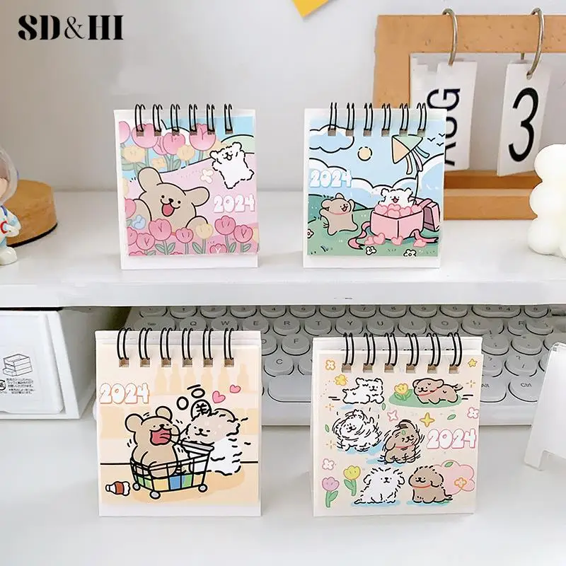 2024 Mini Calendar Cute Cartoon Puppy Series Table Calendar Small Portable Desktop Calendar Kawaii Office Student Supplies