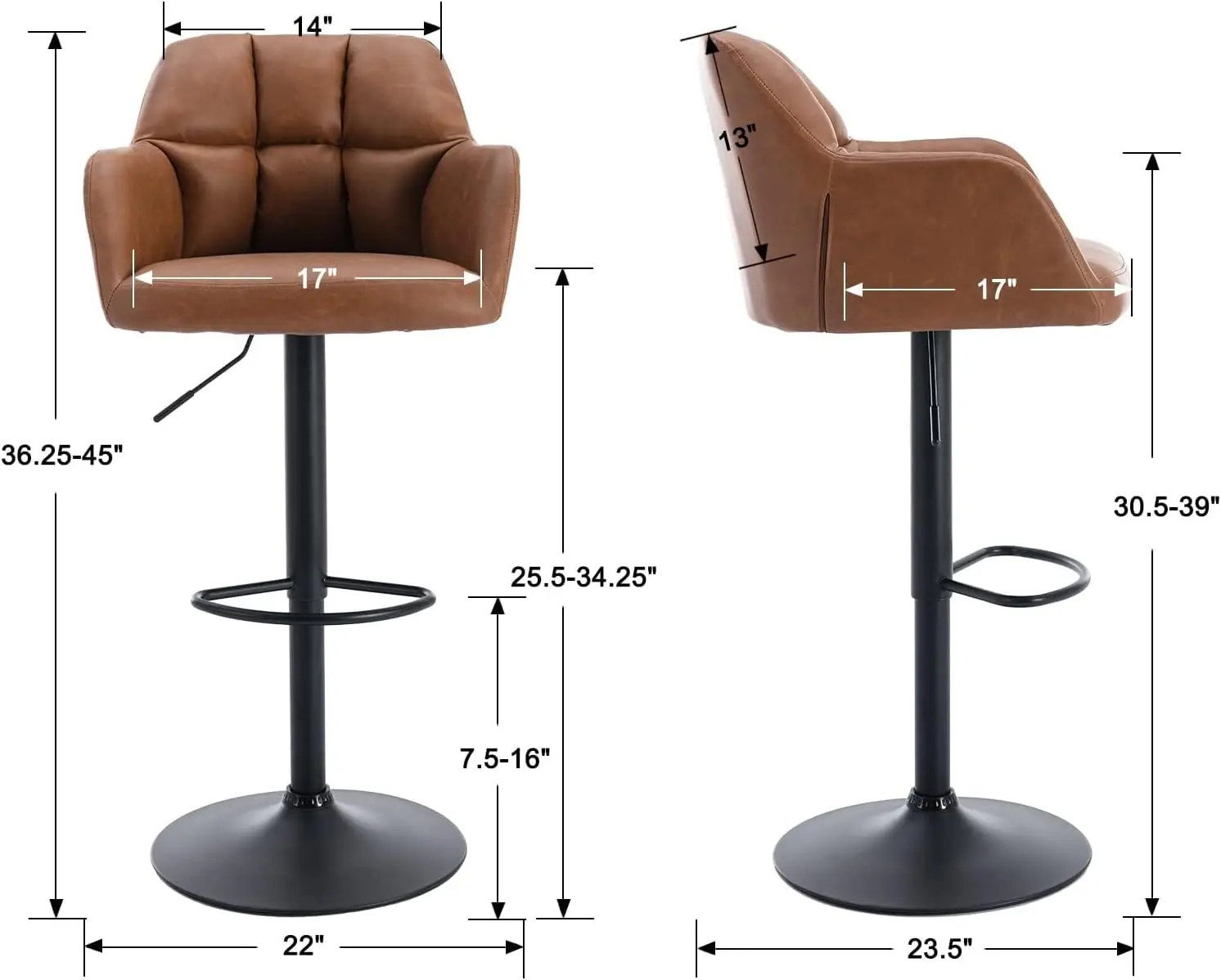 CIMOTA Brown Leather Swivel Bar Stools Set of 2 Modern Bar Height Adjustable Barstools with Back Counter Height Bar Stools