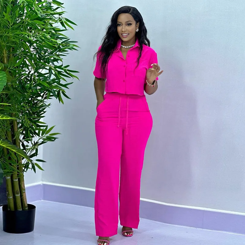 

European and American Solid Color Women's Suit plus Size Lapel Short Shirt and Trousers African New Casual Western Style Two-Pie