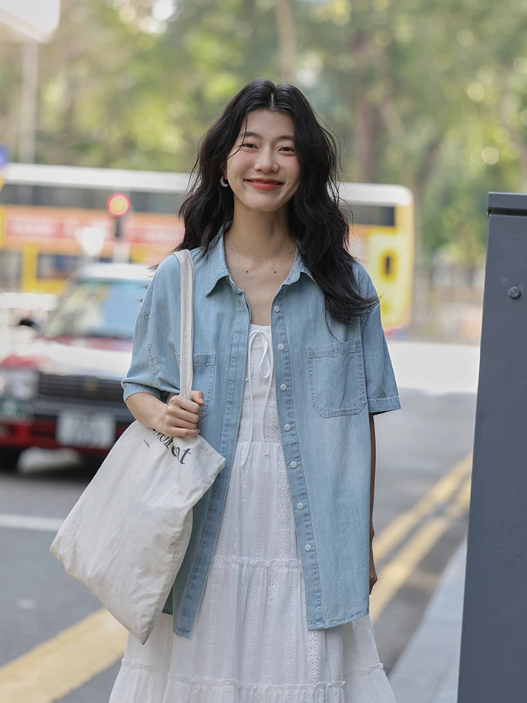 

Light Blue Denim ort Sve irt Jaet Women's Summer Design Loose Korean Sle Top Button Cotton Blend Casual irt