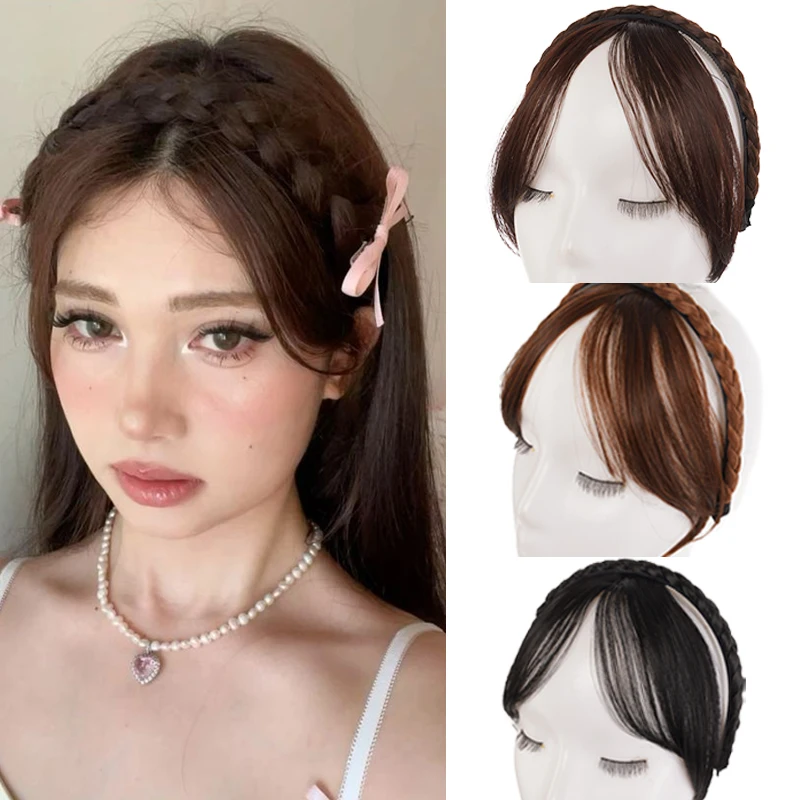 Ikat Kepala Kepang Sintetis dengan Wig Poni Coklat Poni Samping dengan Ikat Rambut Kepang Buatan Tangan untuk Wanita