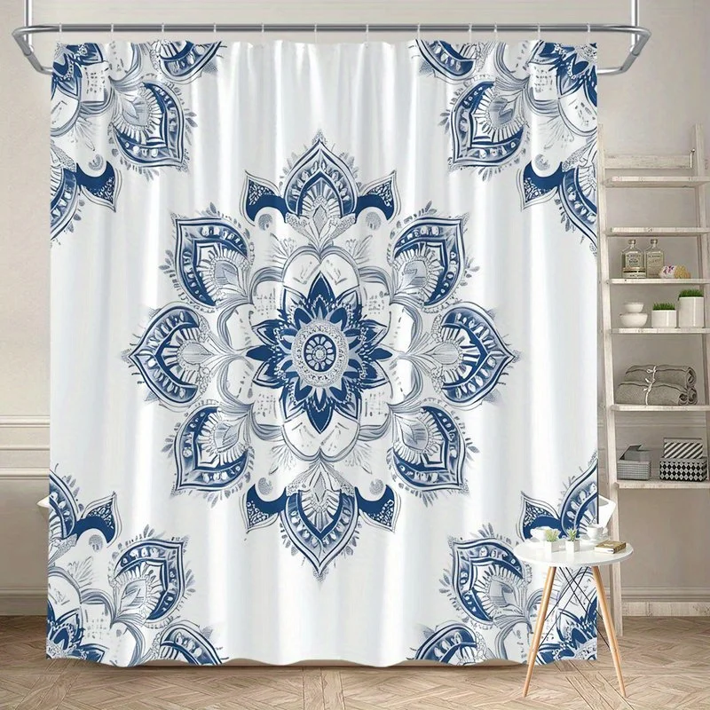 

1 шт. темно-синяя и белая занавеска для душа с рисунком мандалы, полиэфирная ткань, можно стирать в машине, подходит для украшения ванной комнаты