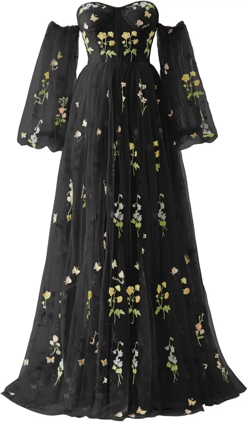 

Women's Puffy Sleeve Tulle Prom Dresses Length Pink Flower Lace Formal Evening Gowns Party Graduation Dresses Women Elegant