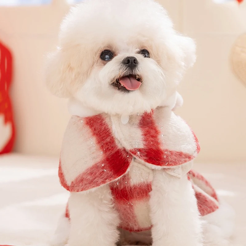 Pet Christmas Dresses Winter Warm Dog Clothes Sweet Plaid Teddy Cotton Dress Bichon Frise Bow Princess Skirt Dog Products