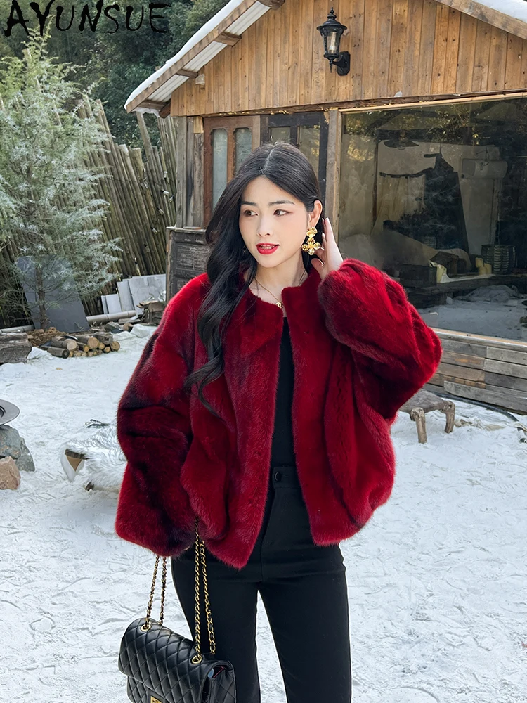 AYUNSUE 2025 กํามะหยี่ธรรมชาติ Mink Fur Jacket ผู้หญิงฤดูหนาวหรูหราทั้ง Mink เสื้อแจ็คเก็ตฤดูหนาวสําหรับเสื้อผ้าผู้หญิงสั้นС