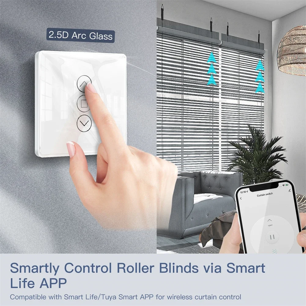 MOES-interruptor de cortina toque inteligente para persianas, Wi-Fi, RF433, 2.5D Arc Glass, vida inteligente, Tuya App, funciona com Alexa, Google Home