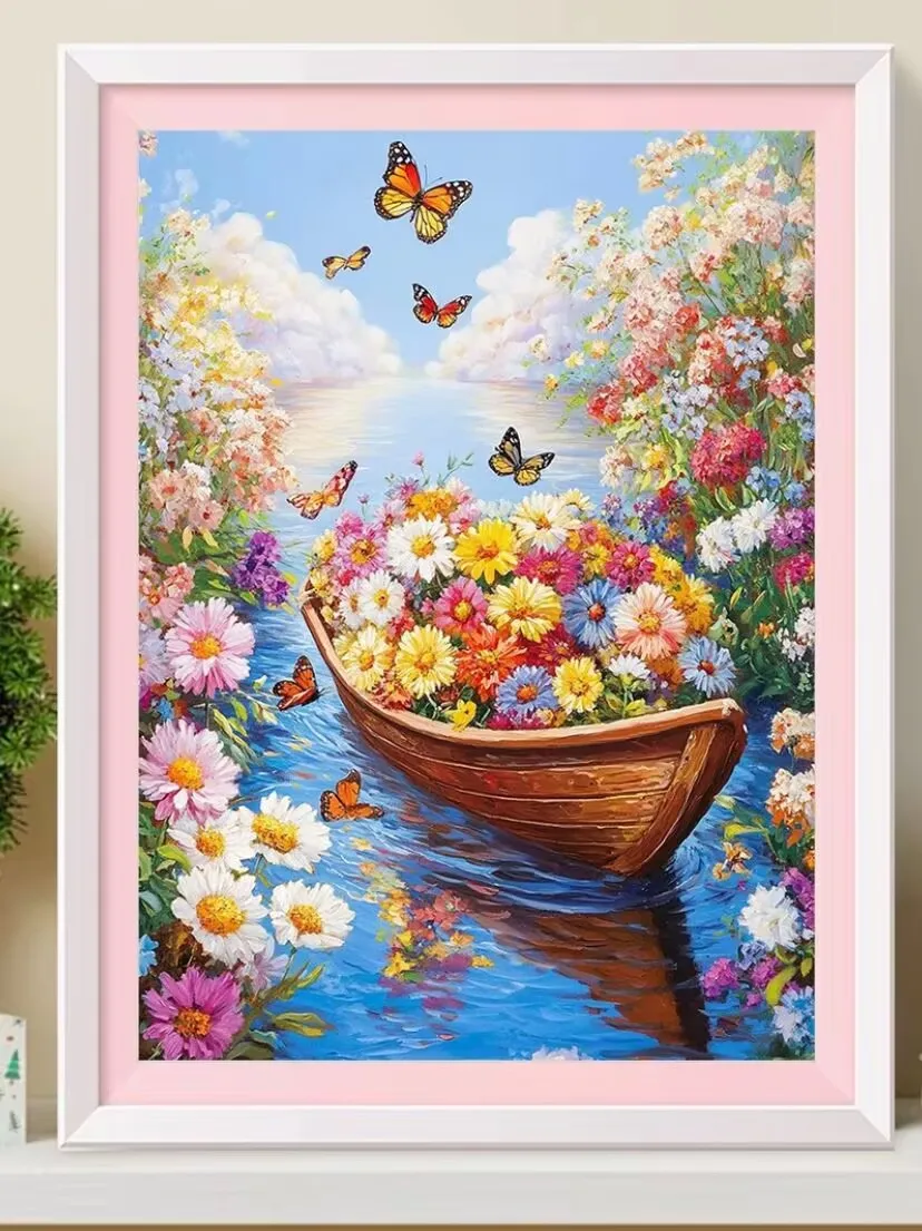 

9ct 65X85cm Цветы Лодка Предварительно напечатанный набор для вышивки крестом DIY Набор для вышивания Ручная нить Игольчатые поделки