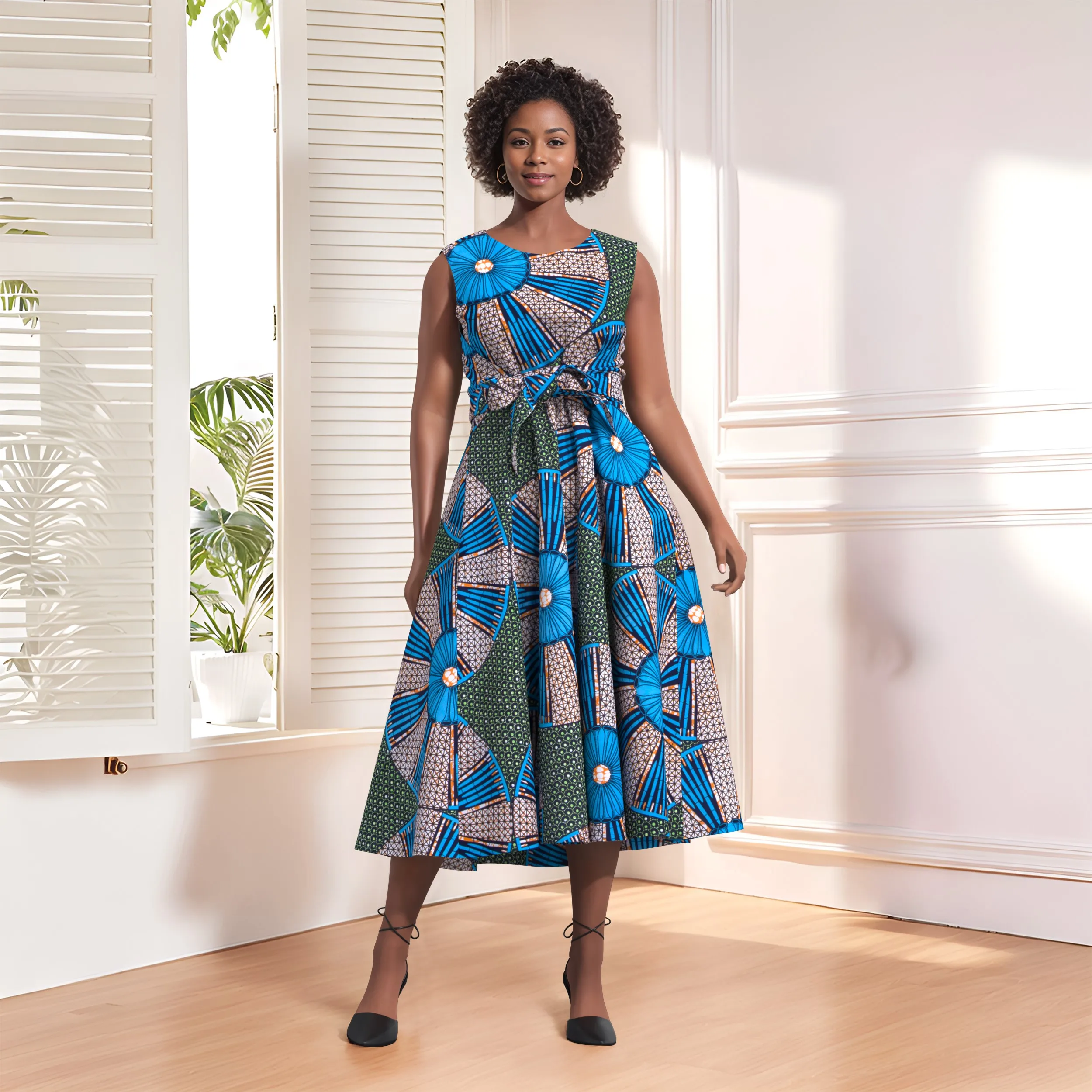 Women's African Wax Print Sleeveless Midi Dress Ankara A-Line Flared Dress with Belt Ethnic Floral Pattern Party Dress Wy10622