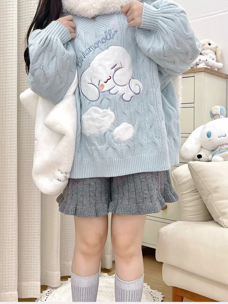 Sanrio Lolita Sweater Cinnamoroll Patch Embroidery Spring Autumn Sky Blue Knitted Sweater Kawaii Soft Girl tops Student Pullover