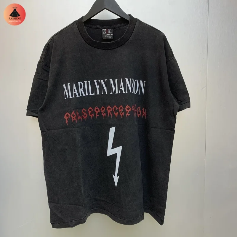 

Mens Womens Crew Neck 1:1 Marilyn Manson Lightning Washed Vintage Vintage Short Sleeve T Shirt Tops Summer